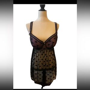 Cacique 40D lingerie set black pink heart detail bra thong new w tag boudoir